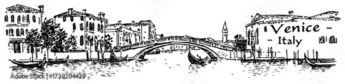Venice Canal with Bridge Hand Drawn
