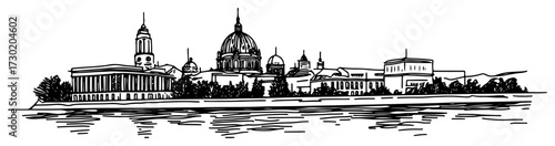 European Cathedral Waterfront Skyline Panoramic Illustration