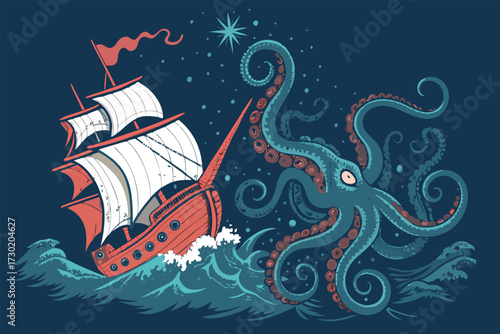 A sailing ship battles a giant octopus in stormy seas.