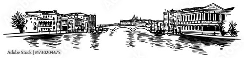 European Riverside Cityscape Panorama Line Art
