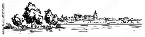 Riverside Village Panorama Line Drawing
