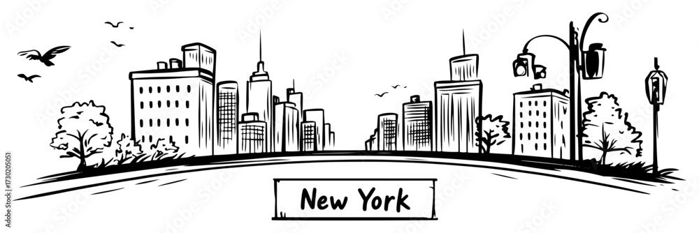Fototapeta premium New York City Skyline Street View Line Art