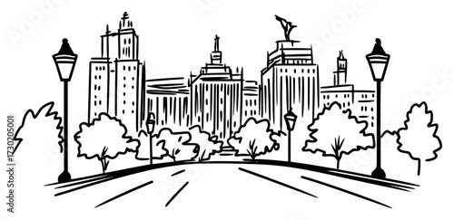 Urban Boulevard with City Skyline Line Art Illustration