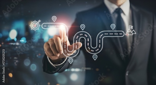 Businessman Touching Digital Strategic Roadmap with Target Goals on Futuristic Dark Background