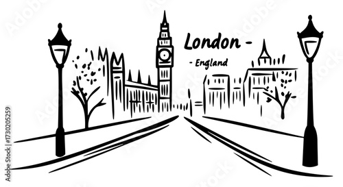 London Street with Big Ben Minimal Line Illustration