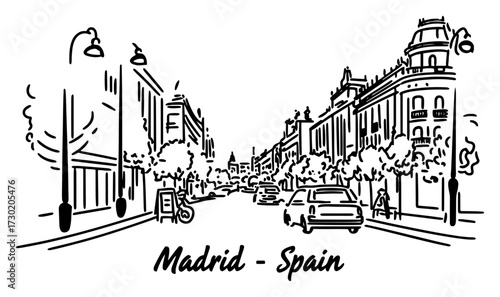 Madrid City Street with Traffic and Architecture Sketch