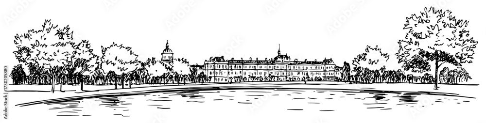 Fototapeta premium European Palace by Lakeside Panoramic Engraving
