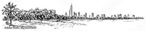 Dubai Jumeirah Beach Skyline with Burj Al Arab Panoramic Sketch