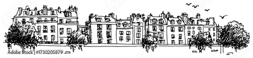 Parisian Haussmann Street Facades Panoramic Illustration