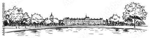 European Palace by Lakeside Panoramic Engraving