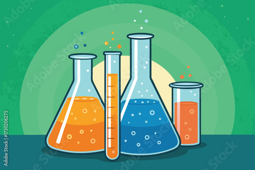 Scientific laboratory equipment filled with colorful liquids and bubbles.
