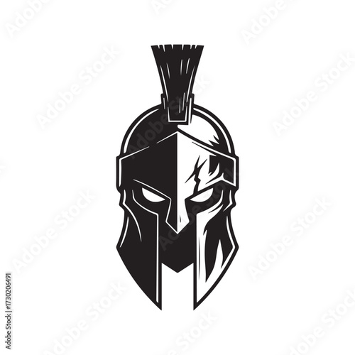 Damaged Spartan Warrior Helmet Silhouette. Ancient Greek Gladiator Icon Vector Logo.
