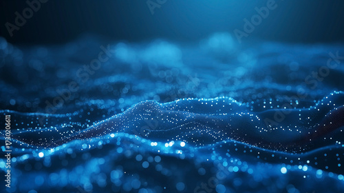 Futuristic technology creates a data network flowing like waves, with particles moving at high speed. The motion blur reflects the dynamic stream in this abstract world clearly.