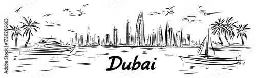 Dubai Skyline With Boats and Palm Trees black shape vector laser cutting engraving monochrome print
