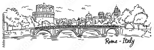 Rome Italy Cityscape With Tiber River Bridge black shape vector laser cutting engraving monochrome print