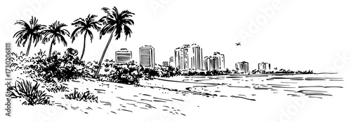 Tropical Beach with Palm Trees and City Skyline Vector Illustration
