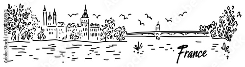 France River Cityscape with Bridge Hand Drawn Vector