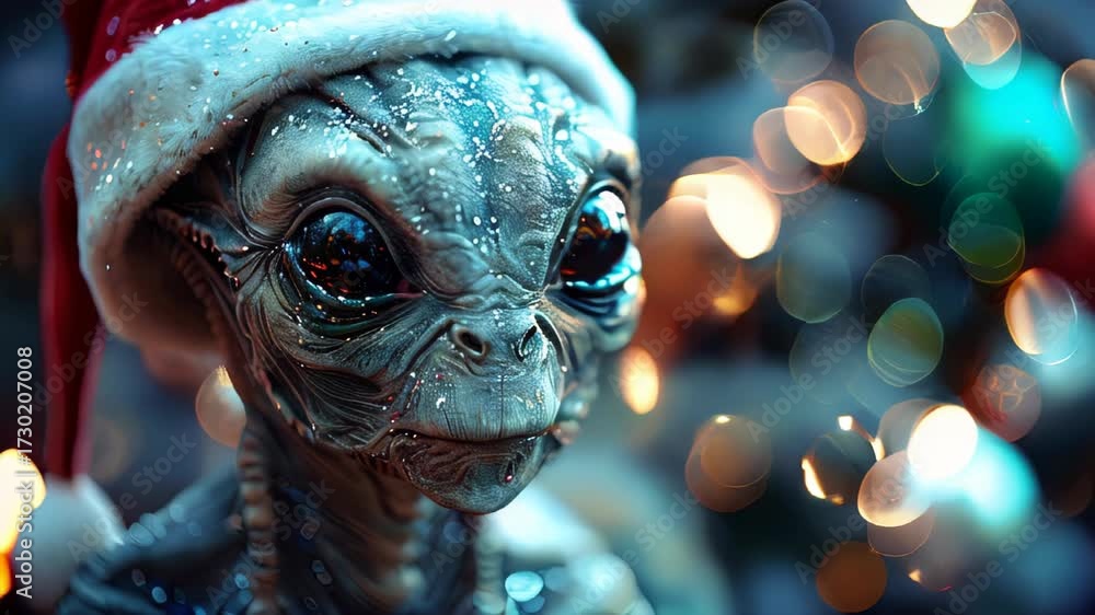 An alien wearing a Santa hat relaxing on a tropical beach, blending ...