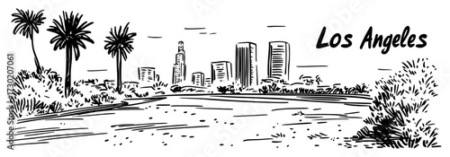 Los Angeles Skyline with Palm Trees Hand Drawn Vector