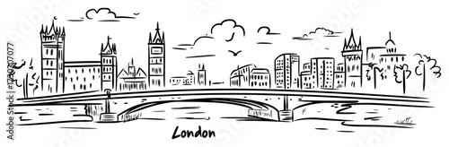 London Westminster Bridge and Big Ben Hand Drawn Vector
