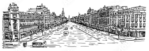 Madrid Spain Gran Via Boulevard Cityscape Hand Drawn Vector