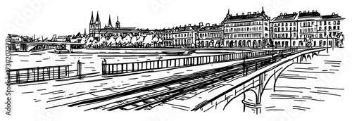 Prague Cityscape Sketch with Vltava River and Bridge