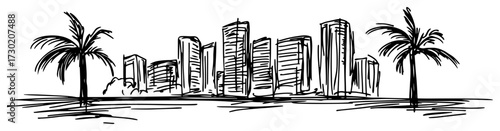 Tropical City Skyline with Palm Trees Sketch