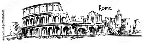 Ancient Rome with the Colosseum Hand Drawn Sketch