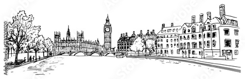London Westminster Skyline With Big Ben and River Thames black shape vector laser cutting engraving monochrome print