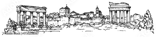 Rome Ancient Forum Ruins Panorama black shape vector laser cutting engraving monochrome print