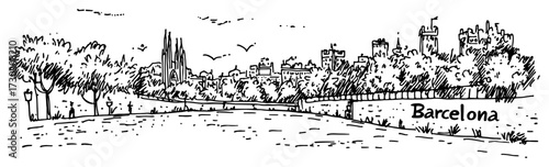 Barcelona Park Skyline with Sagrada Familia Hand Drawn Vector