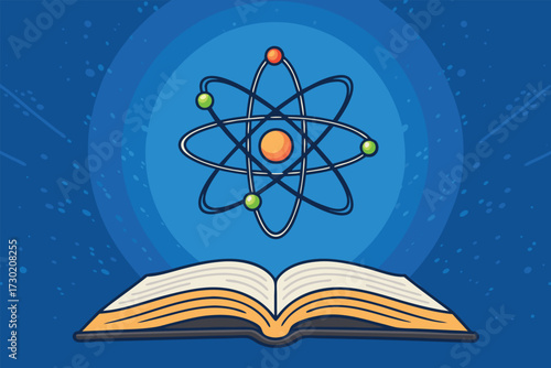An atom floats above an open book on a blue background.