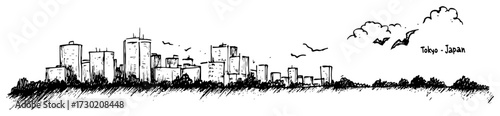 Tokyo Skyline with Distant Suburbs Hand Drawn Vector