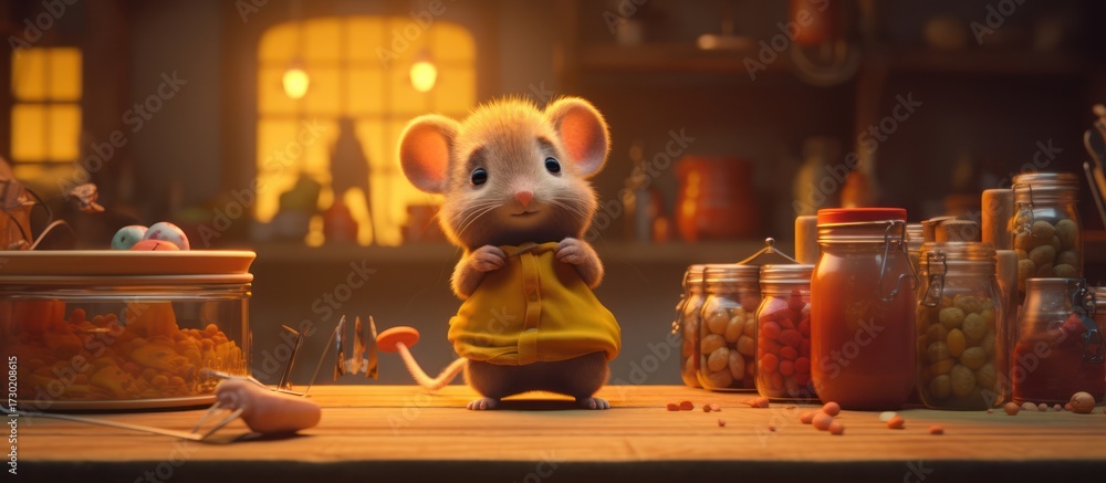 Obraz premium a cute stuffed animal mouse sitting on a wooden table, cozy indoor scene with warm lighting, detailed textures, photorealistic, 8k, studio lighting, cinematic 