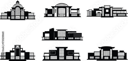 Black and white silhouette illustration of diverse commercial and public buildings, modern architecture, office towers, shopping malls, civic centers, urban design