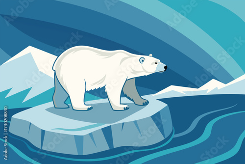 A polar bear stands on an ice floe in a stylized arctic landscape.