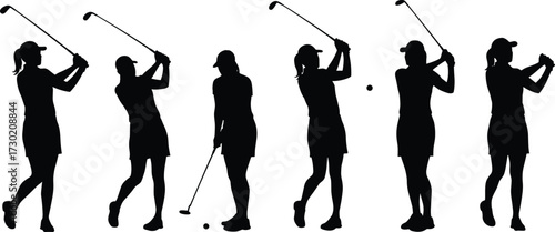 Female golfer silhouettes playing golf, sportswoman swinging club, athlete training sequence, woman golf action poses, professional sports vector design illustration