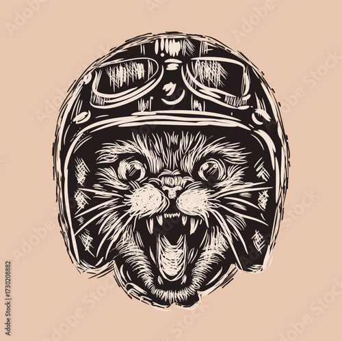 The woodcut illustration style vector cat head wearing helm