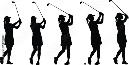 Female golfer silhouettes swinging clubs, sportswoman playing golf, athletic woman poses, golf swing sequence vector, sports training illustration design