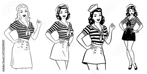 Sailor Pin Up Women in Nautical Outfits Vector