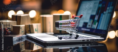 digital art, shopping cart on smartphone, city skyline in background, dark lighting, blurred, cinematic, detailed, sharp focus, 8k, photorealistic
