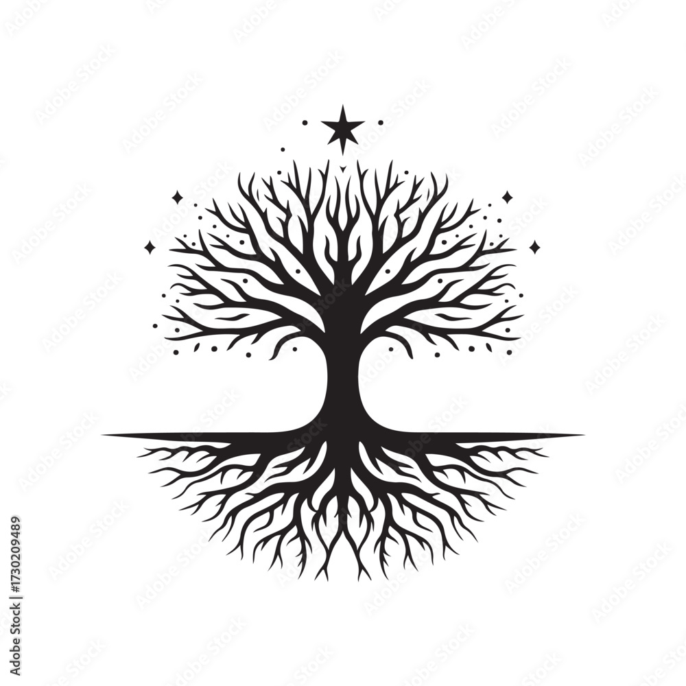 Naklejka premium life of tree with roots and stars vector silhouette clip art logo design illustration