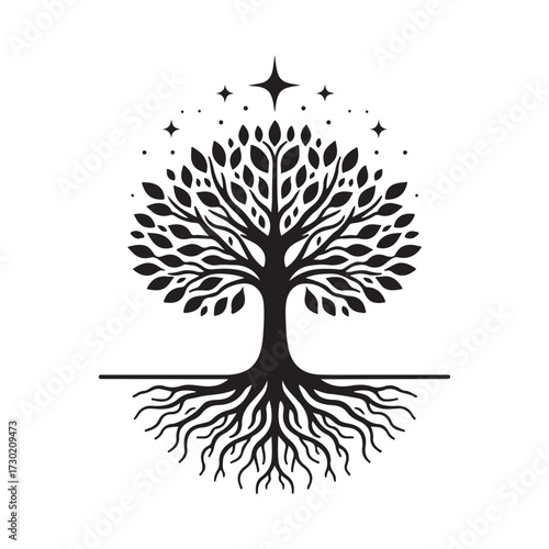 life of tree with roots and stars vector silhouette clip art logo design illustration