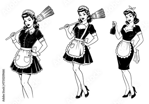 Retro Housemaids With Broom And Spray Bottle