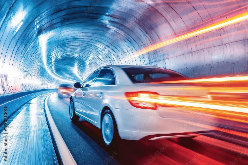 Fototapeta premium Car speeding through tunnel with abstract blurred light trails
