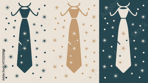 Three ties in different colors with stars and dots on a split background of beige and dark blue