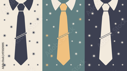 Three panels showing shirts and ties with stars on different colored backgrounds in a retro style