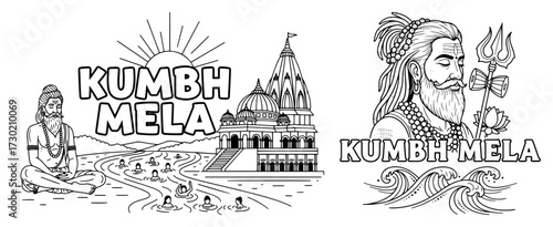 Kumbh Mela Festival Banners with Sadhu and Temple Vector