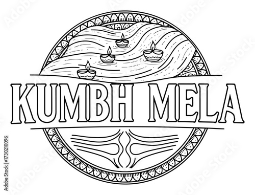 Kumbh Mela Festival Badge Round Emblem Hand Drawn Vector