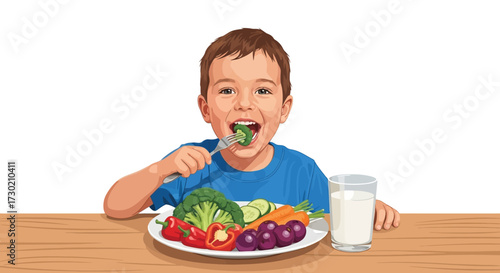 Boy eating vegetables with a fork and a glass of milk on the table.